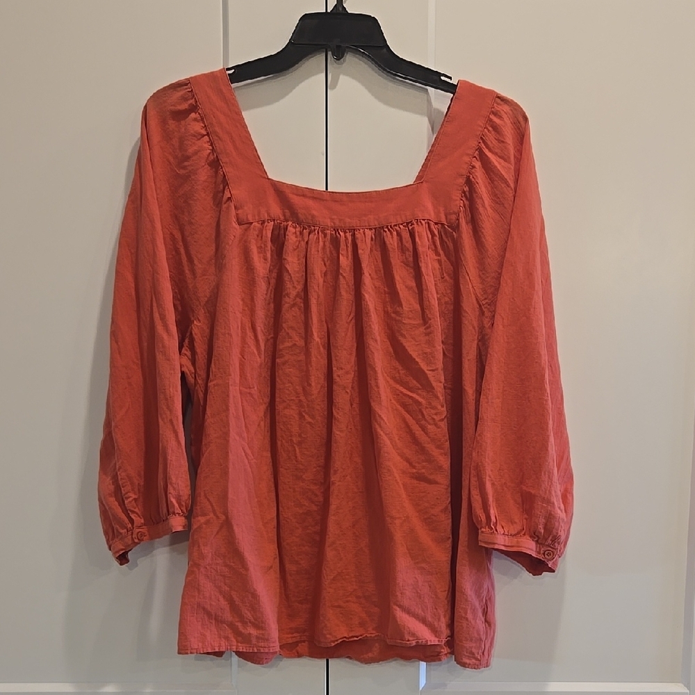 Terra & Sky Smocked Blouse Orange Pink Puff Sleeve